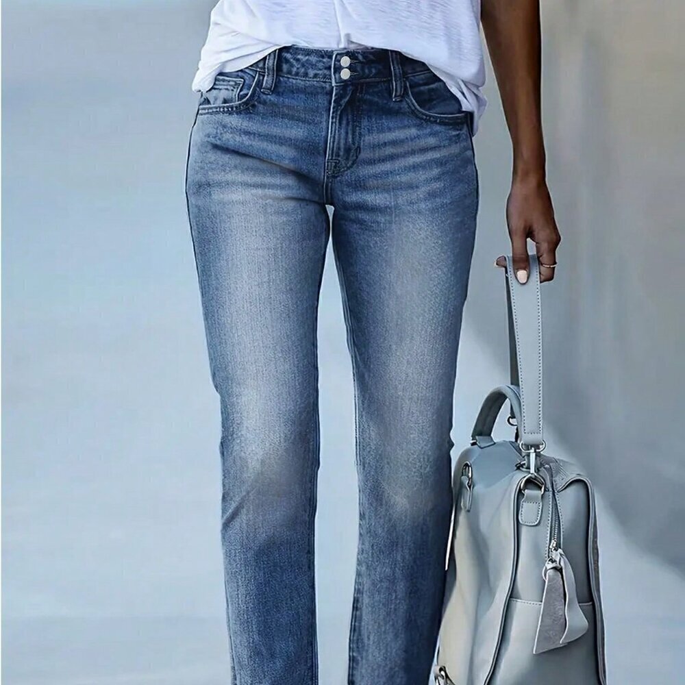 Medium Wash Casual Women's Double-Breasted Denim Jeans - Picture 1 of 4